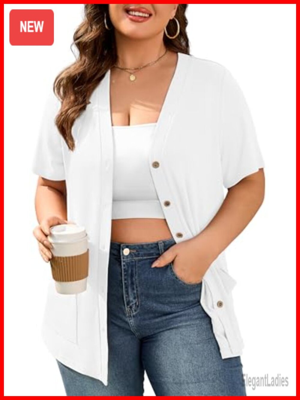 Plus Size Short Sleeve Cardigan with Pockets Lightweight Knit Button Down